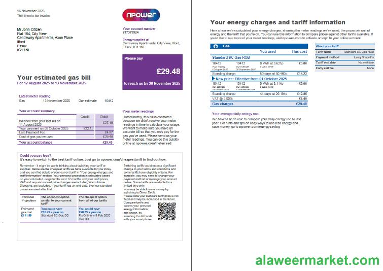 United Kingdom Npower utility bill template in Word and PDF formats, 3 pages, 1-2 page